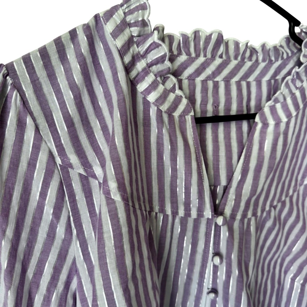 Purple White Striped Metallic Lurex Ruffle Neck Blouse 3/4 Sleeve Top - Picture 2 of 3